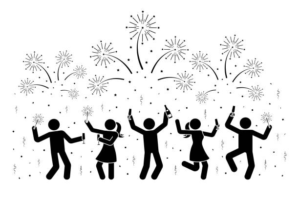 ilustraciones, imágenes clip art, dibujos animados e iconos de stock de feliz figura de palo hombre mujer bebiendo champán, celebrando el año nuevo, bailando con las manos en contra, viendo el icono de ilustración vectorial de fuegos artificiales. gente saltando, fondo de pictograma de silueta de fiesta nocturna - toast party silhouette people