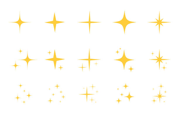 Shine sparkle star icon set Flash sparkle flat star icon set. Twinkle star silhouette for gold sparkle, yellow glitter light, magic shiny flare effect. Isolated vector illustration. glowing stock illustrations