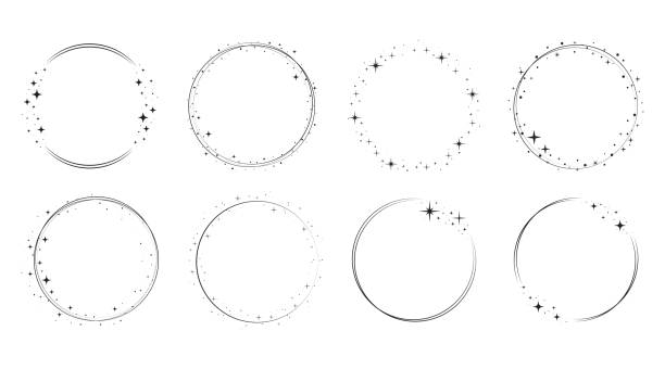 ilustrações de stock, clip art, desenhos animados e ícones de star circle frame set. wreath round - crown black banner white