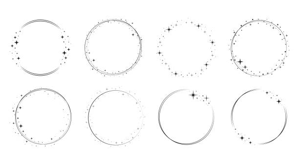 Star circle frame set. Wreath round Sparkle star circle frame set. Wreath ring stardust border for party, birthday decor design. Laurel frame with, cosmic glitter shine. Isolated black flat vector illustration. rounded star shape stock illustrations