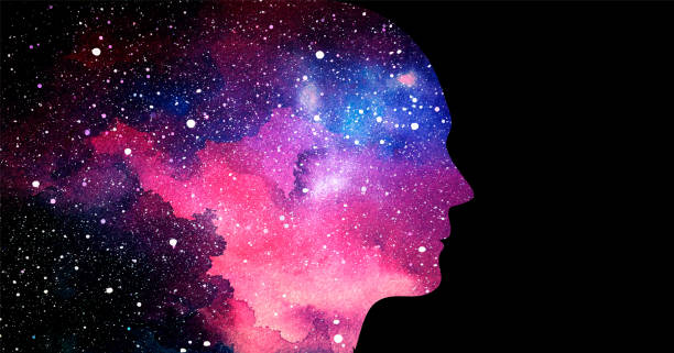 stockillustraties, clipart, cartoons en iconen met vector illustration of human head on starry space background. artificial intelligence or cosmic consciousness concept - tekstveld