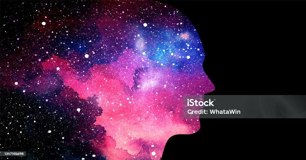 Ilustração vetorial da cabeça humana em fundo espacial estrelado. Inteligência artificial ou conceito de consciência cósmica - Vetor de Espaço royalty-free
