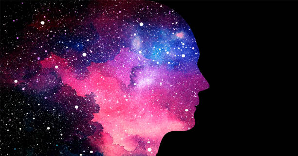 ilustrații de stoc cu ilustrare vectorială a capului uman pe fundalul spațiului înstelat. conceptul de inteligență artificială sau conștiință cosmică - spiritualitate