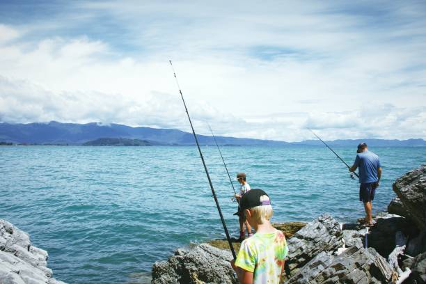 Children and Father Fishing on Coastal Rocks A Father and his Children on a Fishing Trip off Coastal Rocks in summer. sea fishing stock pictures, royalty-free photos & images