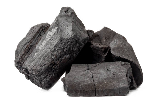 天然木炭、伝統的な木炭または無臭の炭、白い背景に分離された無臭の木炭の硬い木炭。 - non rigid ストックフォトと画像