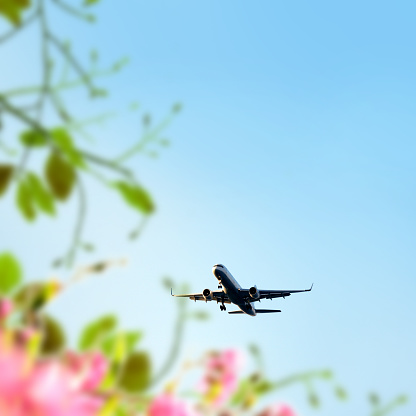 Transportation image of flying commercial passenger airplane over blue sky