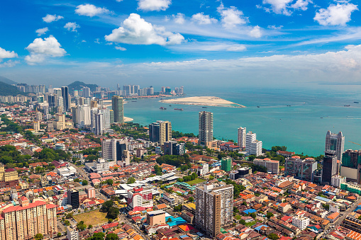 Panoramic aerial view of Georgetown, Penang island, Malaysia