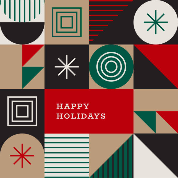 ilustraciones, imágenes clip art, dibujos animados e iconos de stock de plantilla de diseño happy holidays con gráficos modernos abstractos geométricos de mediados de siglo - modular