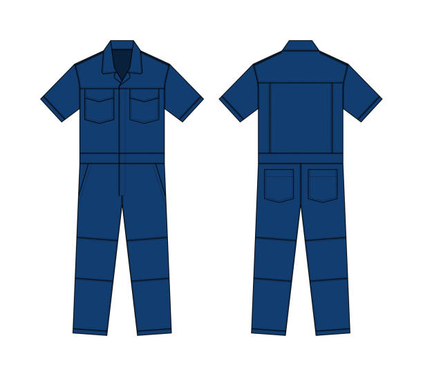 kurzärmelige arbeits overalls ( jumpsuit, boilersuit ) vorlage vektor illustration | blau - trikot stock-grafiken, -clipart, -cartoons und -symbole