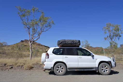 Outback Australia - Sep 05 2019: Toyota - Land Cruiser (120) Prado in a remote location during a road trip in Australia.Toyota Land Cruiser model is Toyota's longest running series of models