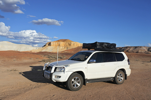 Outback Australia - May 21 2019: Toyota - Land Cruiser (120) Prado in a remote location during a road trip in Australia.Toyota Land Cruiser model is Toyota's longest running series of models