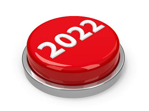 Red 2022 button isolated on white background represents new year 2022, three-dimensional rendering, 3D illustration