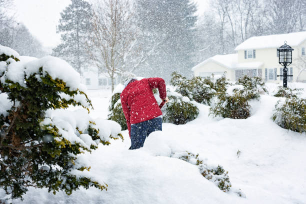 istock Red Jacket Woman Shoveling Winter Blizzard Snow 1347161174