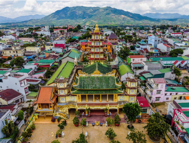 Aerial view of ancient Phuoc Hue pagoda on summer's day in Bao Loc, Vietnam stock photo