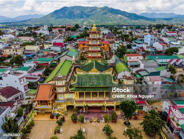 Aerial View Of Ancient Phuoc Hue Pagoda On Summers Day In Bao Loc Vietnam Stock Photo - Download Image Now