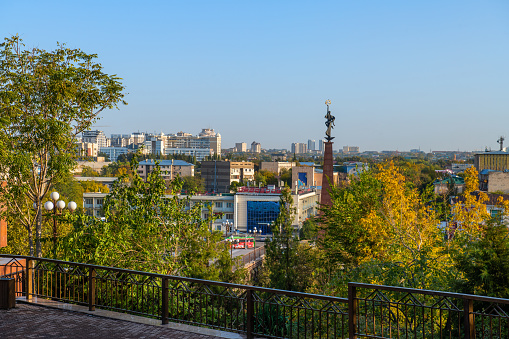 Shymkent, Kazakhstan, 10.10.2021. View of the city of Shymkent, the monument \