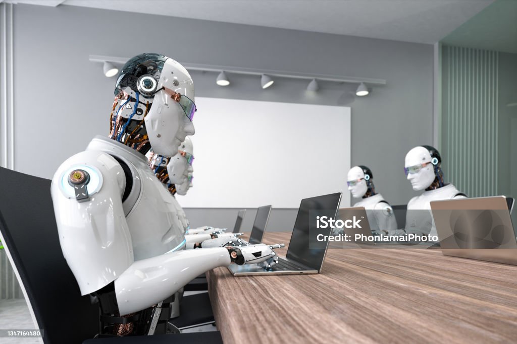 Ai robot work in smart office Automation worker concept with 3d rendering ai robot working in smart office Office Automation Stock Photo
