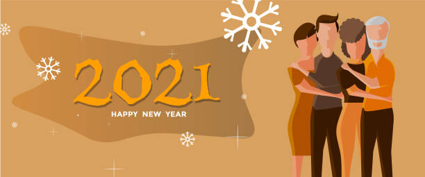 vector of group of people together next to a text of happy new year 2021, new year concept. vector art illustration
