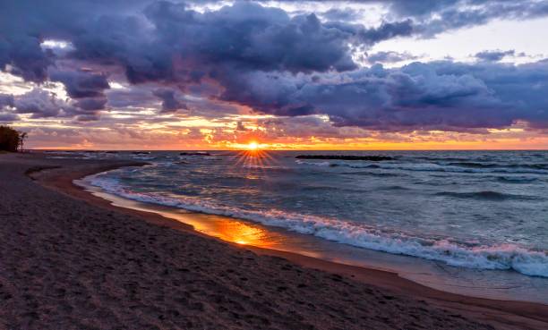 Autumn Lake Erie beach sunset with waves
