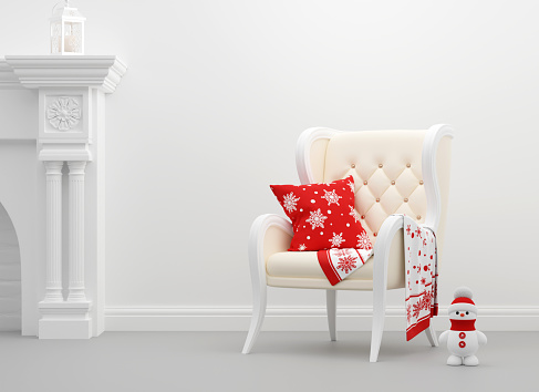 Christmas living room with fireplace and chair. 3d render
