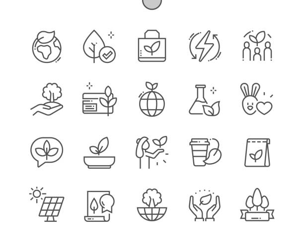 eco friendly. natural cosmetic. no animal testing. certified organic. paper bag. vegan product. pixel perfect vector thin line icons. simple minimal pictogram - sustainability stock illustrations