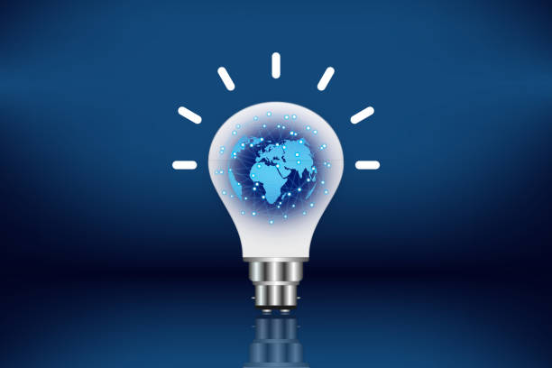 istock 3d rendering light bulb with global network on a blue background for business innovation and inspiration. 1347172986