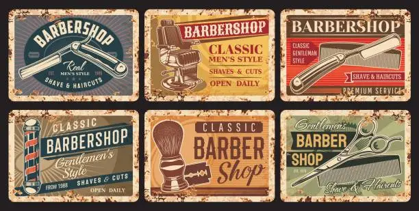 Vector illustration of Barbershop and hairdresser vector rusty plates
