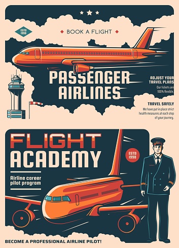 Passengers airlines and flight academy retro posters. Air flight industry, airplane tickets booking service and airline pilots school vintage banners with airliner in sky, airport dispatcher tower