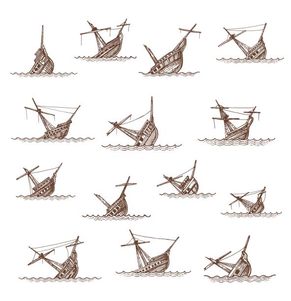 illustrations, cliparts, dessins animés et icônes de voiliers coulés et épaves de voiliers, croquis - storm pirate sea nautical vessel