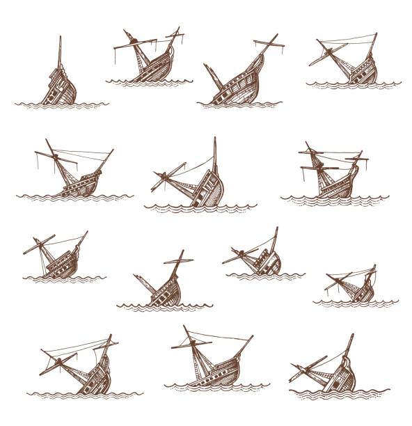 zatopione żaglowce i wraki żaglówek, szkic - engraving engraved image activity nautical vessel stock illustrations