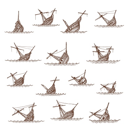 Sunken sailing ships and sailboats sketch, vector boat wrecks or shipwrecks. Broken drowned or sinking ships in sea or ocean waves, vintage hand drawn sunken pirate frigate ships. Map elements