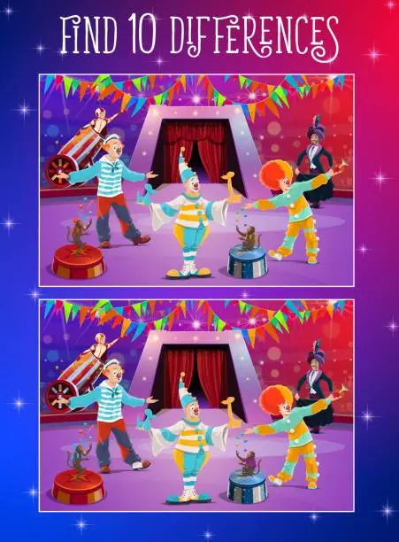 Vector illustration of Find differences kids game, circus clowns on stage