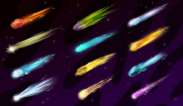 ilustrações de stock, clip art, desenhos animados e ícones de cartoon space comets, asteroids, meteors - man made space