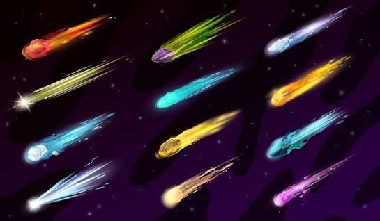Cartoon space comets, asteroids, meteors, meteorites game asset. Falling glowing fireballs with flame trail on starry sky background. Vector set of flying burning cosmic objects, ui design elements