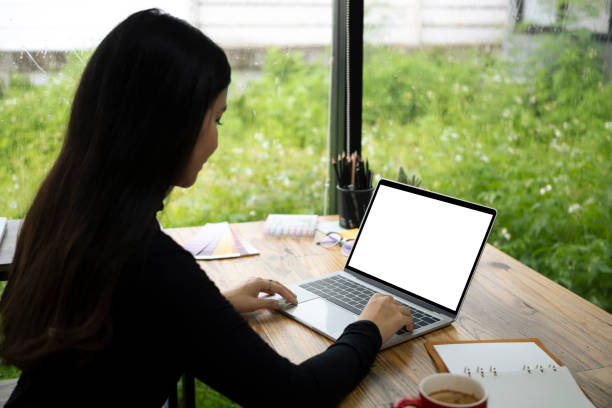 istock Side view young female working with computer laptop a home. 1347177457