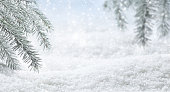 istock Panoramic banner with Christmas winter background. Pine tree branches covered frost and snow, copy space 1347178723