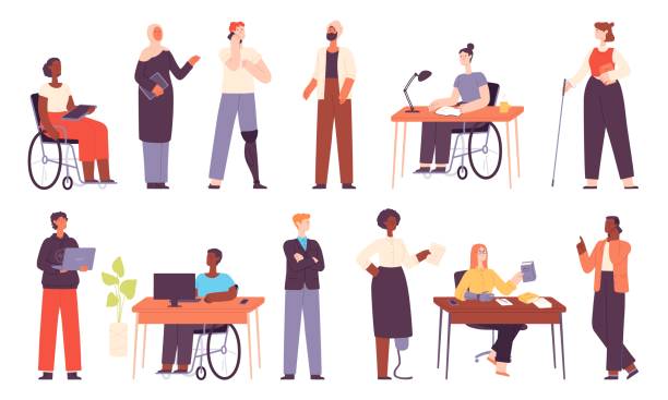 Diverse people work, office multicultural workers or students. Muslim business woman. Inclusion workplace with disabled character vector set Diverse people work, office multicultural workers or students. Muslim business woman. Inclusion workplace with disabled character vector set. Employees on wheelchair and with prosthesis working disability illustrations stock illustrations