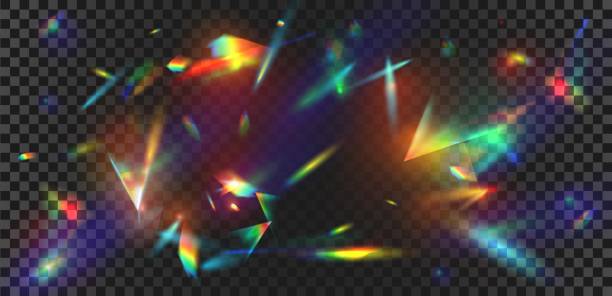 Abstract prism light reflection with rainbow flare background. Crystal sparkle burst, diamond refraction rays. Iridescent glow vector effect Abstract prism light reflection with rainbow flare background. Crystal sparkle burst, diamond refraction rays. Iridescent glow vector effect. Colorful rays with blur and bright sparkles prism stock illustrations