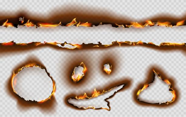 ilustraciones, imágenes clip art, dibujos animados e iconos de stock de bordes realistas de la página de papel en llamas y agujero con fuego. pergamino efecto quemado con llama y ceniza. conjunto de vectores de textura de papel rasgado y chamuscado - fire