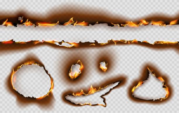 illustrazioni stock, clip art, cartoni animati e icone di tendenza di realistici bordi di carta in fiamme e fori con il fuoco. pergamena effetto bruciato con fiamma e cenere. set vettoriale di texture di carta strappata e bruciata - aflame