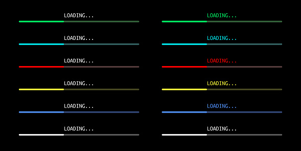 Horizontal multicolor progress bars, indicators or charts set, dark UI. Bright neon green, cyan, red, yellow, blue on black. Flat design elements. EPS 8 vector illustration, no transparency