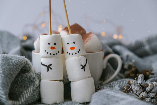 Two happy funny marshmallow snowmen. Marshmallow friends. Diy. Sweet treat for kids funny marshmallow snowman. Christmas winter holiday decoration. New year greeting card. Christmas lights. Cup of cacao