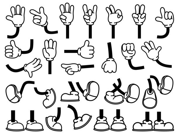 vintage kreskówkowe dłonie w rękawiczkach i stopy w butach. urocze części ciała postaci animacji. komiksowe gesty ramion i chodzące nogi pozy zestaw wektorowy - hands stock illustrations