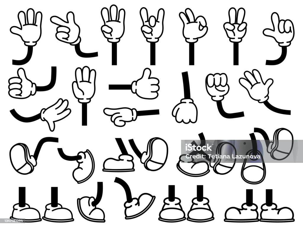 Vintage Cartoon Hands In Gloves And Feet In Shoes Cute Animation Character  Body Parts Comics Arm Gestures And Walking Leg Poses Vector Set Stock  Illustration - Download Image Now - iStock