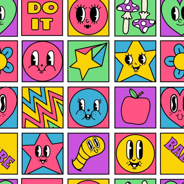 Funny crazy characters seamless squares mosaic pattern. Geometric psychedelic comic shapes with 50s retro cartoon faces vector wallpaper set Funny crazy characters seamless squares mosaic pattern. Geometric psychedelic comic shapes with 50s retro cartoon faces vector wallpaper set. Star, heart and worm with happy expression heart worm stock illustrations