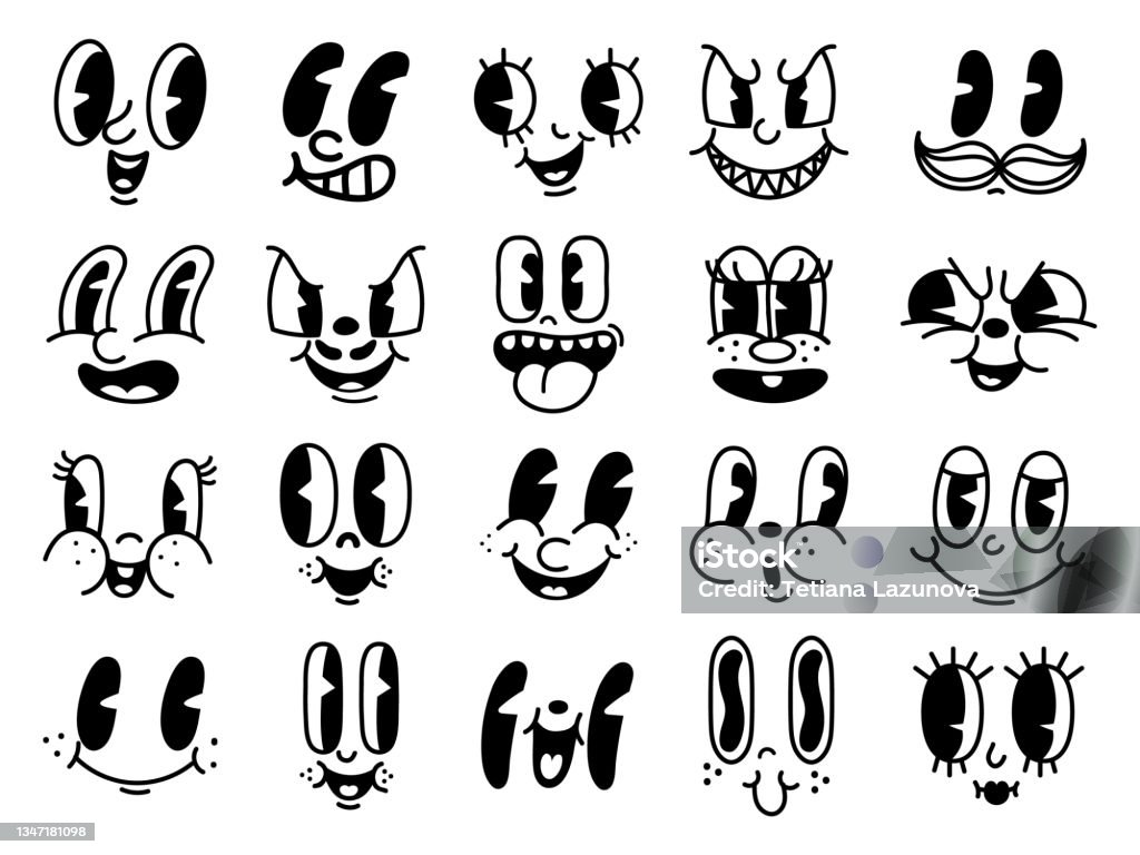 Vintage 50s Cartoon And Comic Happy Facial Expressions Old Animation Funny  Face Caricatures Retro Quirky Characters Smile Emoji Vector Set Stock  Illustration - Download Image Now - iStock