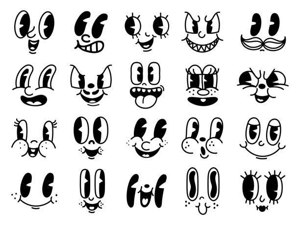 Vintage 50s cartoon and comic happy facial expressions. Old animation funny face caricatures. Retro quirky characters smile emoji vector set Vintage 50s cartoon and comic happy facial expressions. Old animation funny face caricatures. Retro quirky characters smile emoji vector set. Cute avatars with big eyes, cheeks and mouth caricature stock illustrations