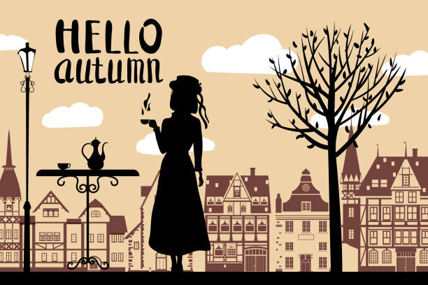 ilustrações, clipart, desenhos animados e ícones de silhueta elegante menina de chapéu com xícara de café, letras hello autumn, mesa de café, árvore, casas da cidade. ilustração vetorial - bar women silhouette child