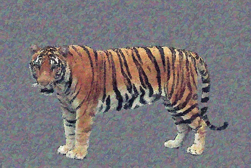 Tiger side view. Colorful illustration. Acrylic painting. Pointillism style.