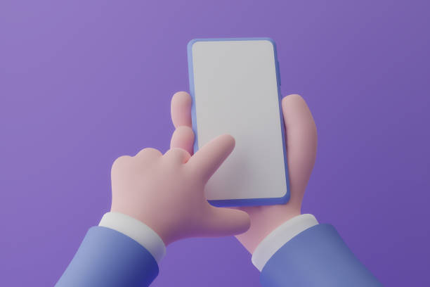 istock Animation hand holding smartphone with white screen on violet background, 3d illustration 1347184115